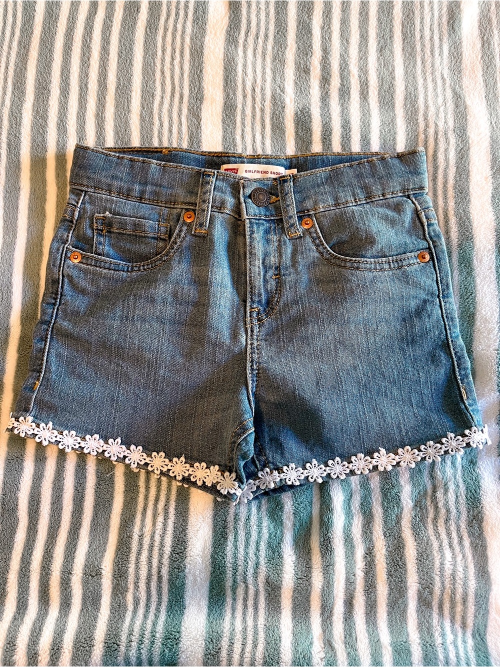 Levi's Blue Denim Shorts with White Daisy Lace Hem